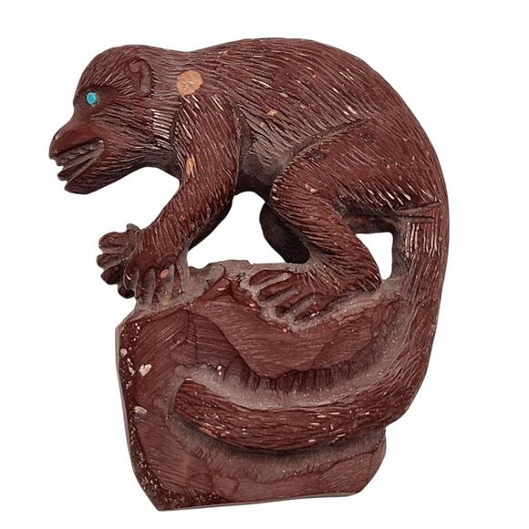 Native American Zuni Monkey Fetish Derrick Kaamasee Pipestone Carve Turquoise 4" - Picture 1 of 15